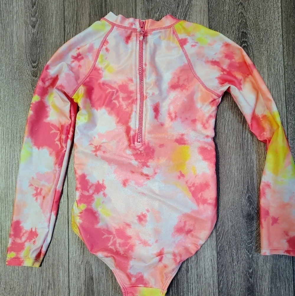 Justice Kids' Pink and Yellow Tie-Dye Rashguard Swimsuit